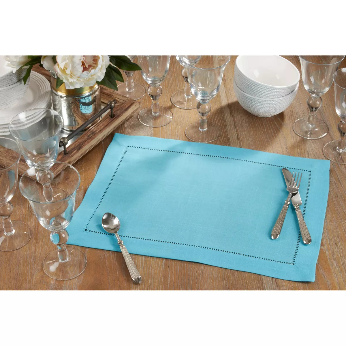 4pk Polyester Hemstitched Border Placemats Blue - Saro Lifestyle