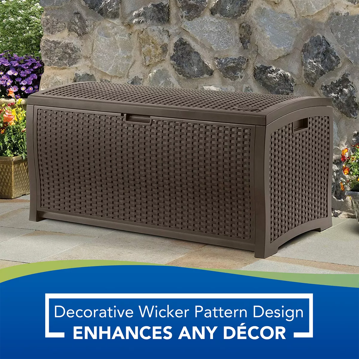 Suncast DBW7300 73 Gallon Resin Wicker Outdoor Patio Storage Deck Box, Mocha