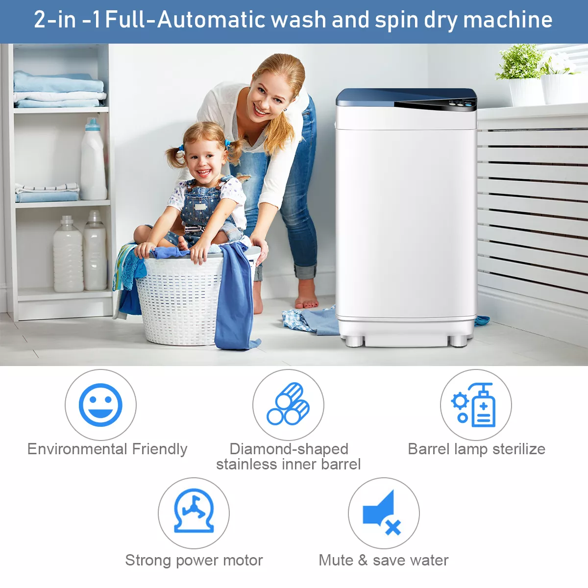 Full-Automatic Washing Machine 7.7 lbs Washer/Spinner Germicidal UV Light Blue