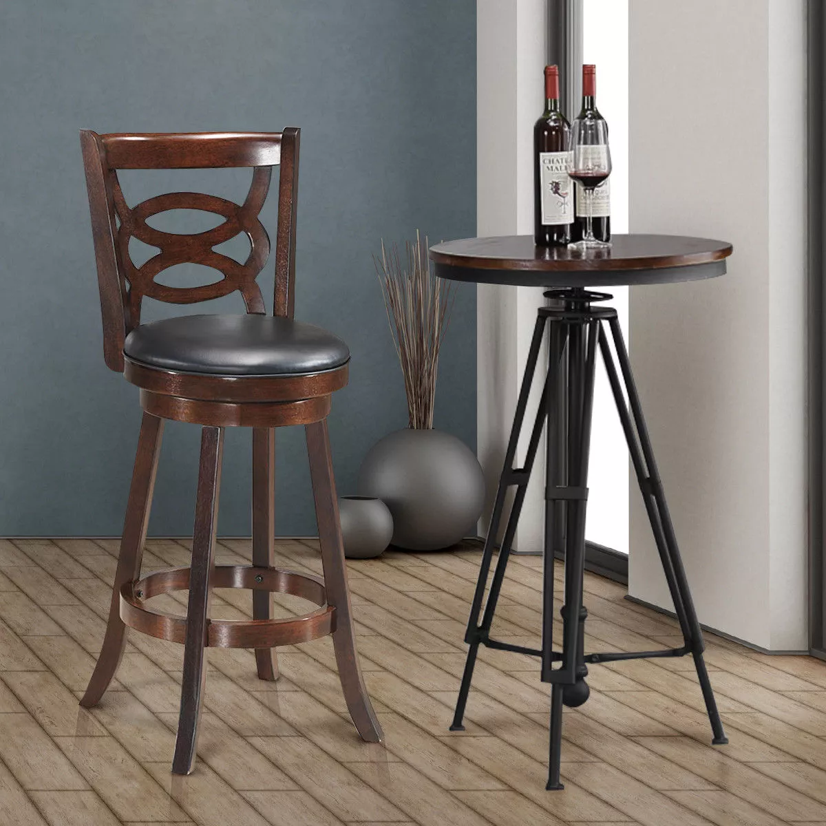Costway Swivel Stool 29'' Bar Height Upholstered Seat Rubber Wood Dining Chair Home Kitchen Espresso