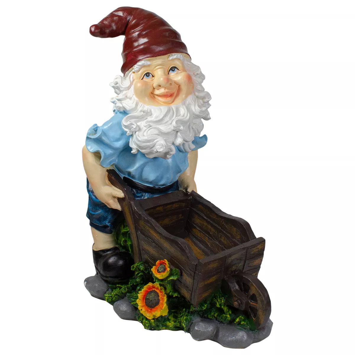 Northlight 20" Blue and Brown Wheelbarrow Gnome Outdoor Garden Statue