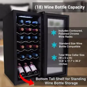 NutriChef Digital Electric 18 Bottle Adjustable Temperature Thermoelectric Freestanding Wine Chiller Cooler Cabinet Fridge with Glass Door, Black
