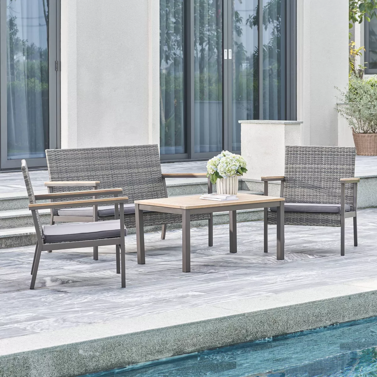 Evelyn 4pc Outdoor Resin Wicker Mixed Acacia Wood Lounge Sofa Set with Cushion - Gray - Vifah