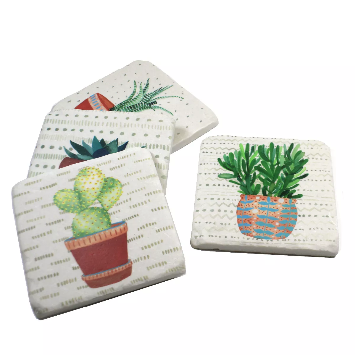 Tabletop 3.75" Cactus Coaster 4 Pc Set Plants Square Cork Back Neutral Ganz - Coasters