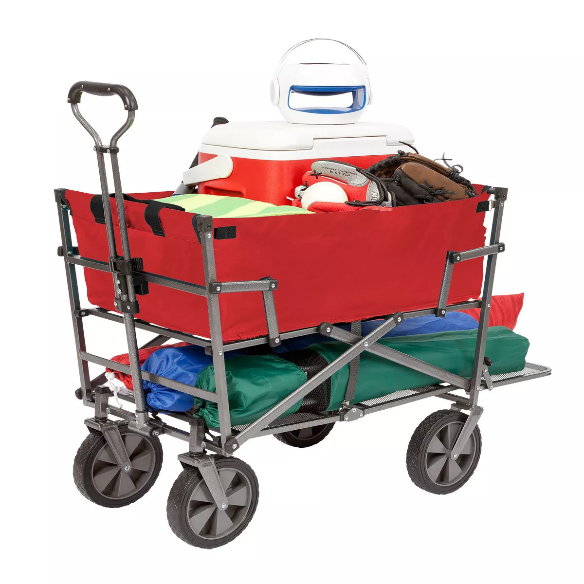 Mac Sports Double Decker Heavy Duty Steel Frame Collapsible Outdoor 150 Pound Capacity Yard Cart Utility Garden Wagon with Lower Storage Shelf, Red