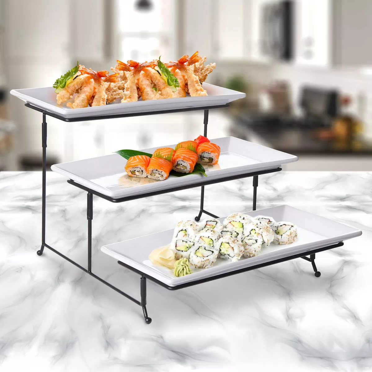Gibson Elite Porcelain Gracious 3-Tier Serving Plate Set with Metal Stand Whote