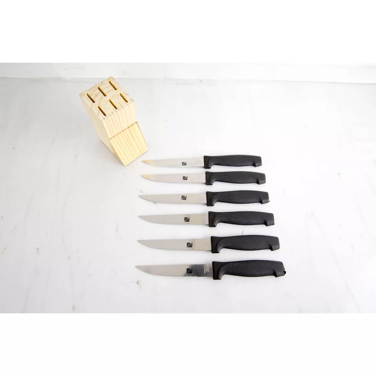 Home Basics 6 Piece Stainless Steel Steak Knife Set with All Natural Wood Display Block