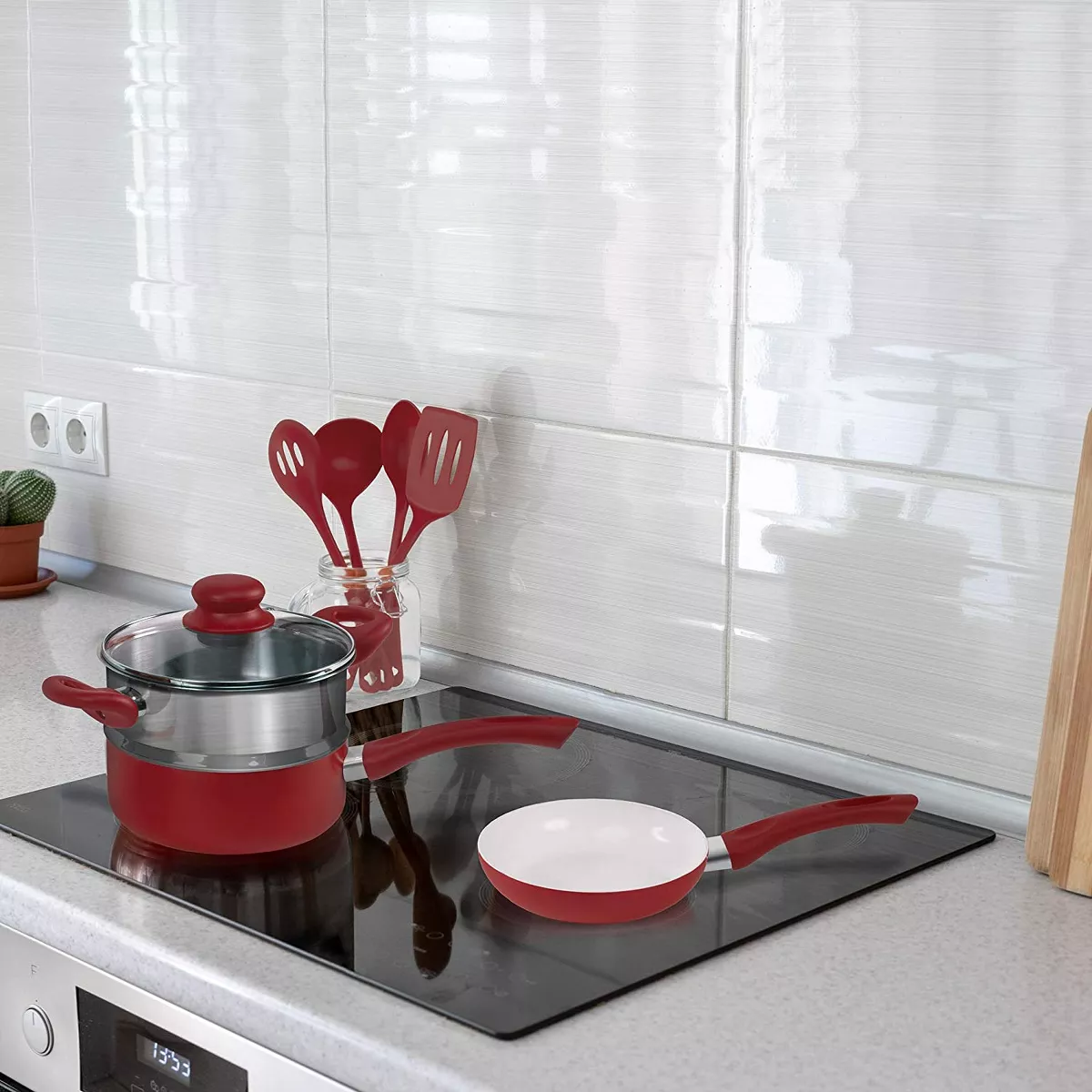 Ivation Ceramic Cookware | 16-Piece Nonstick Cookware Set with Induction Base, SoftGrip Handles & Clear Glass Lids | Compatible with Induction, Ceramic, Gas, Electric & Halogen Cooktops | Red