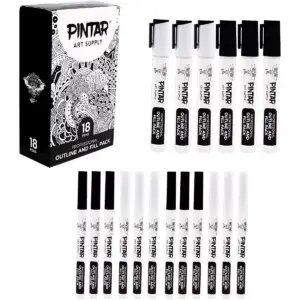 Pintar Art Supply Professional Outline & Fill Pack - Set of 18 Black/White Paint Markers