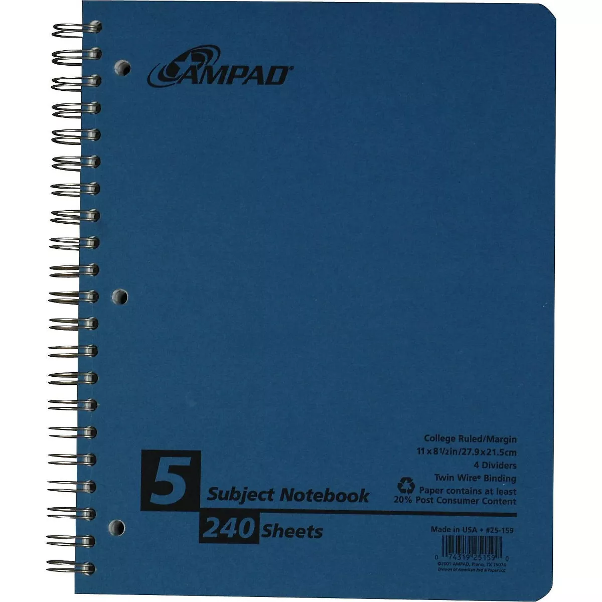 Oxford Earthwise Recycled 5-Subject Notebook, 8 25-159R