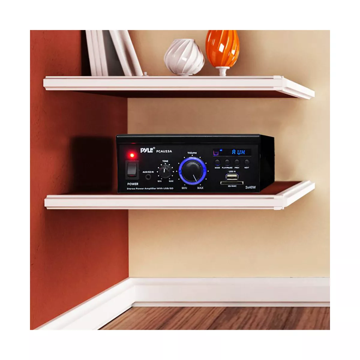 Pyle Mini 2 x 40-Watt Stereo Power Amplifier + USB/SD/AUX/LED Display | PCAU25A