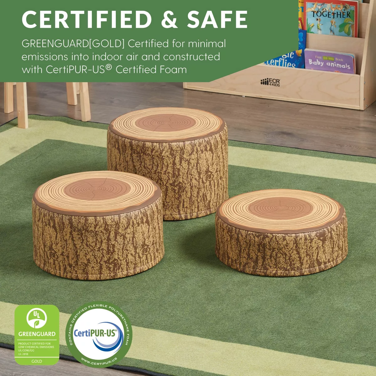 ECR4Kids SoftZone Tree Stump Stool Set-Round Foam Stools for Kids with Decorative Log Design (3-Pc)