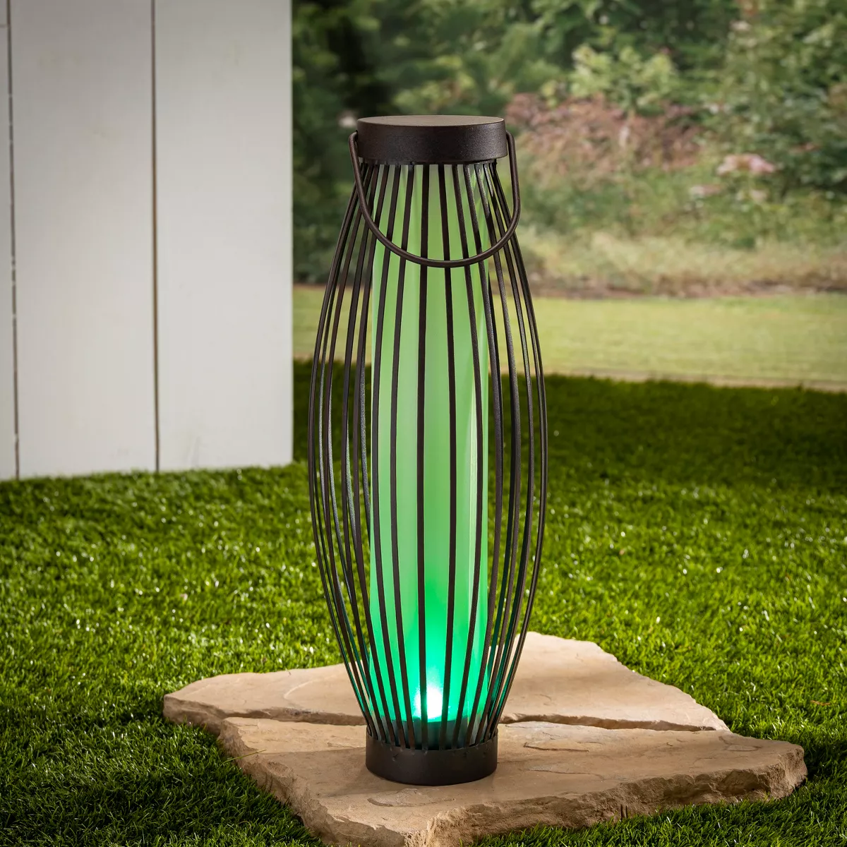 Garden Meadow 21-Inch High Solar-Powered Metal Barrel Lights with Handles, Set of 2
