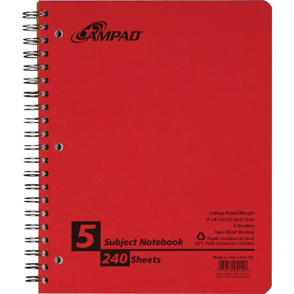 Oxford Earthwise Recycled 5-Subject Notebook, 8 25-159R