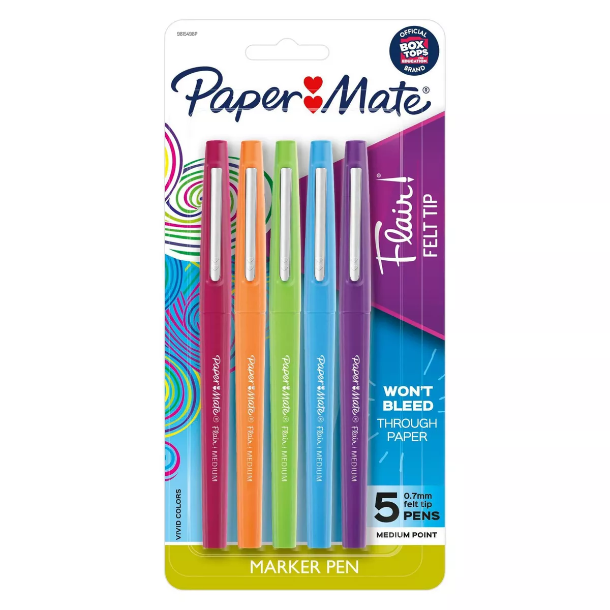 Paper Mate 5pk Marker Pens Flair Medium Tip .7mm Multicolor