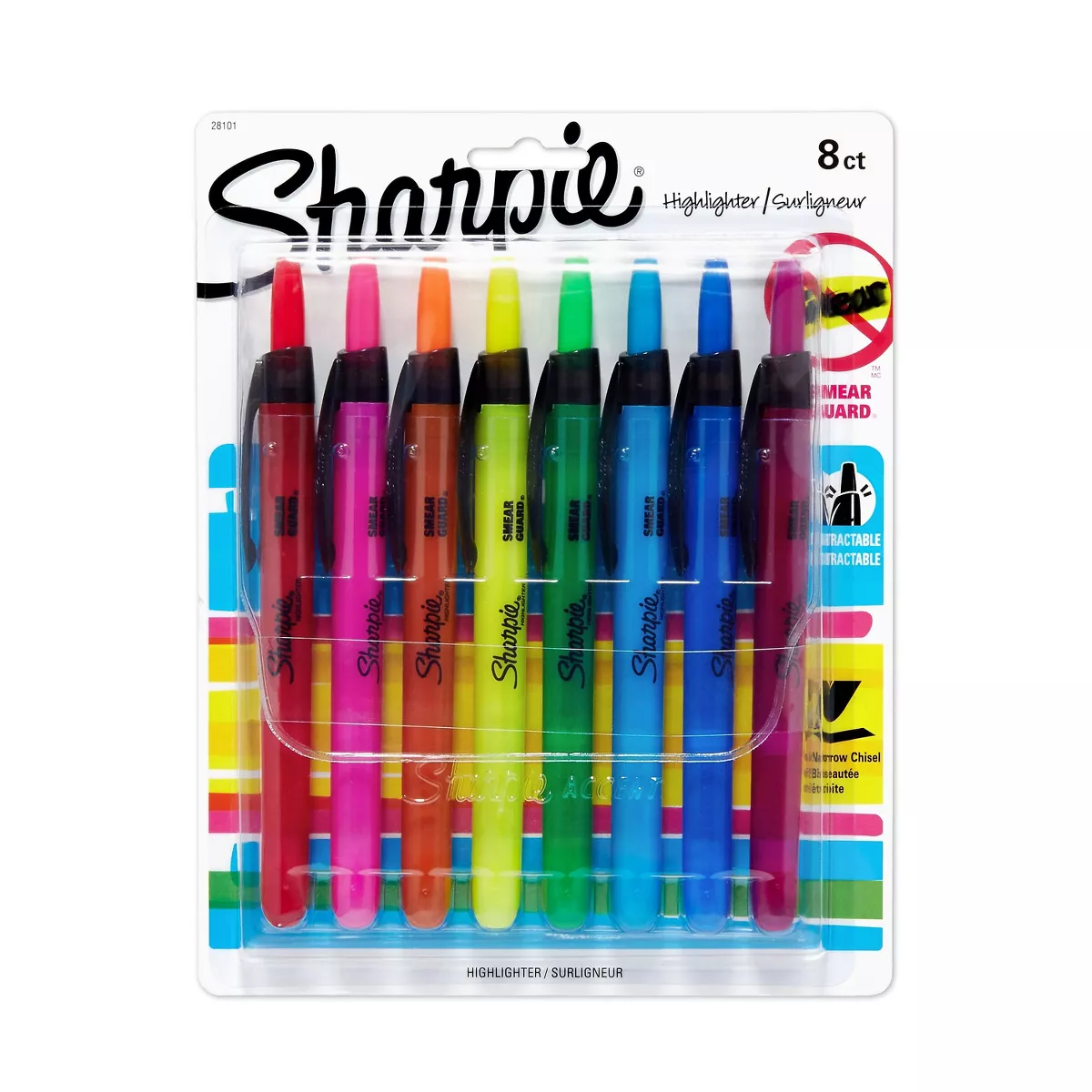 Sharpie Accent Retractable Highlighters Chisel Tip Assorted Colors 8/Set 28101