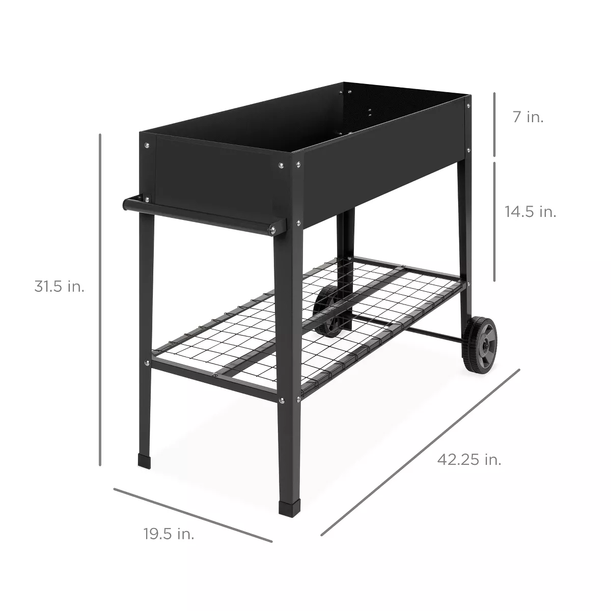 Best Choice Products Mobile Raised Ergonomic Metal Planter Garden Bed w/Wheels, Lower Shelf, 38x16x32in, Dark Gray