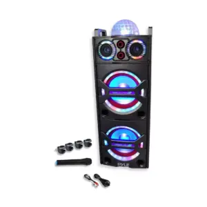 Pyle PSUFM1043BT 200 Watt Portable Outdoor Bluetooth Speaker Karaoke System with Flashing Party Lights and Wireless Microphone Included