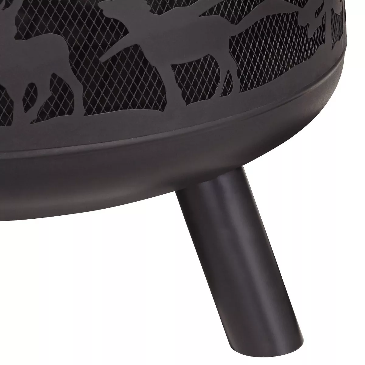 John Timberland Rustic Black Fire Pit Round 30" Animal Cut Steel Wood Burning with Spark Screen and Fire Poker for Outside Backyard Patio Camping