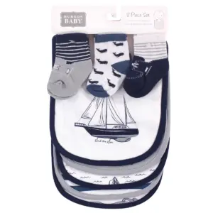 Hudson Baby Infant Boy Cotton Bib and Sock Set 8pk, Sail The Sea, One Size