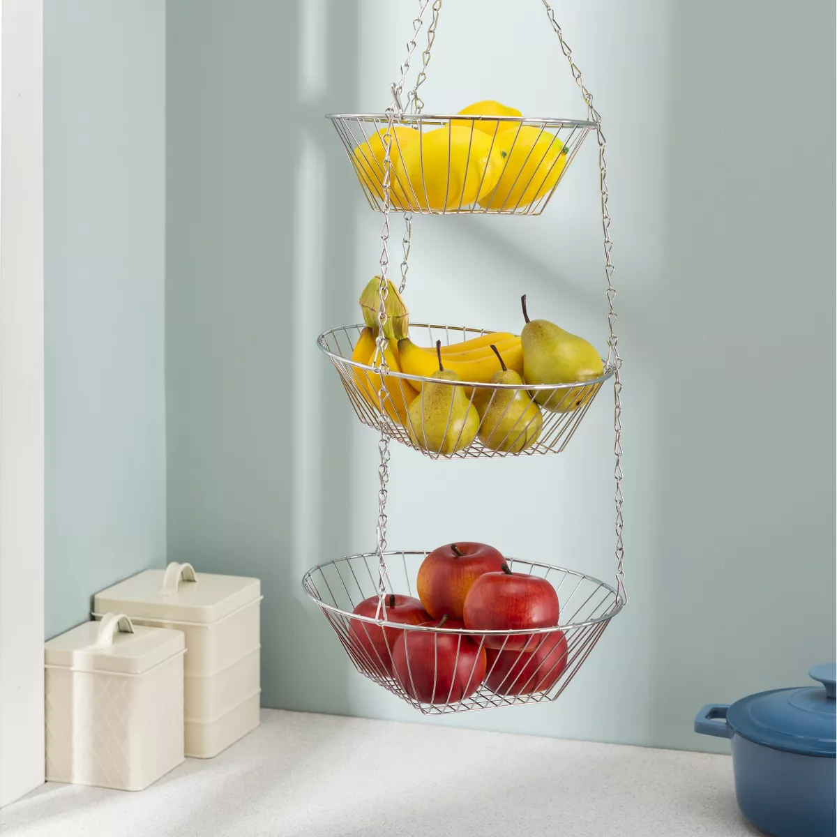 Home Basics 3 Tier Wire Hanging Round Fruit Basket, Chrome