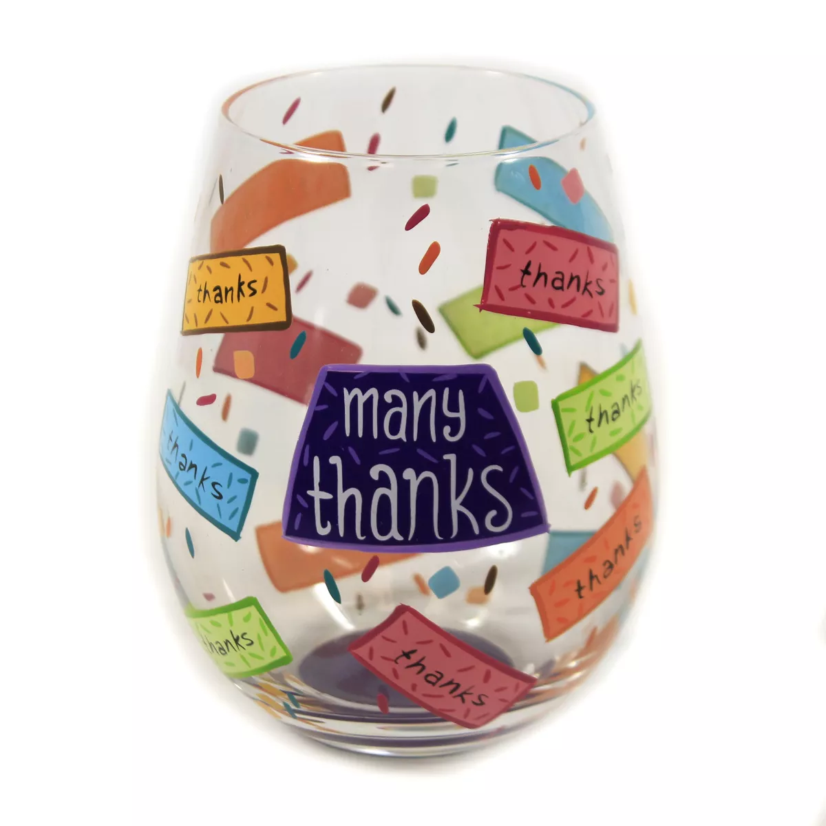 Tabletop 4.5" Many Thanks Stemless Wine Glass Lolita Hand Painted Enesco - Drinkware