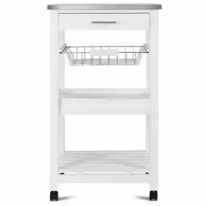 Costway Rolling Kitchen Trolley Cart Steel White Top Removable Tray W/Storage Basket &Drawers