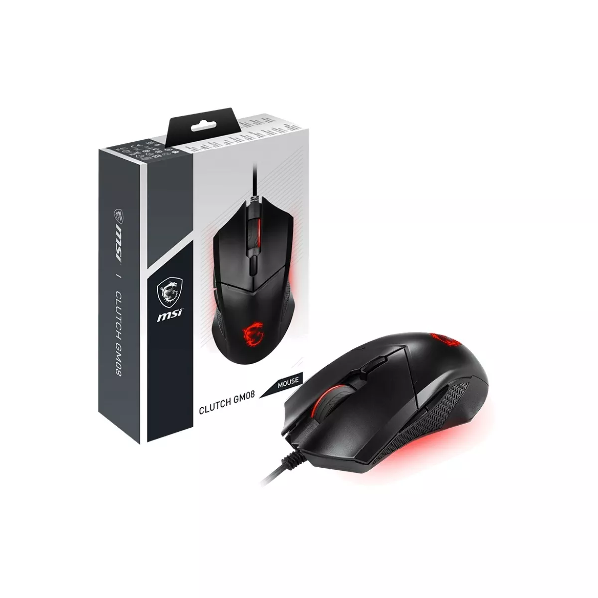MSI Clutch GM08 Gaming Mouse - Optical - Cable - Black - USB 2.0 - 4200 dpi - Scroll Wheel - 6 Button(s) - Medium Hand/Palm Size - Symmetrical