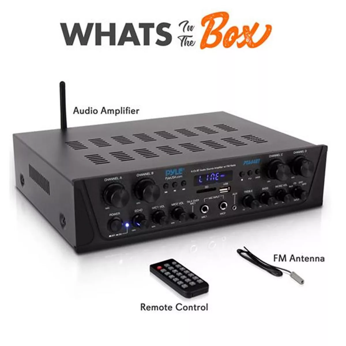Pyle PTA44BT 500 Watt 4 Channel Compact Wireless Bluetooth Home Audio Amplifier Stereo Receiver Sound System with Microphone Inputs and Remote