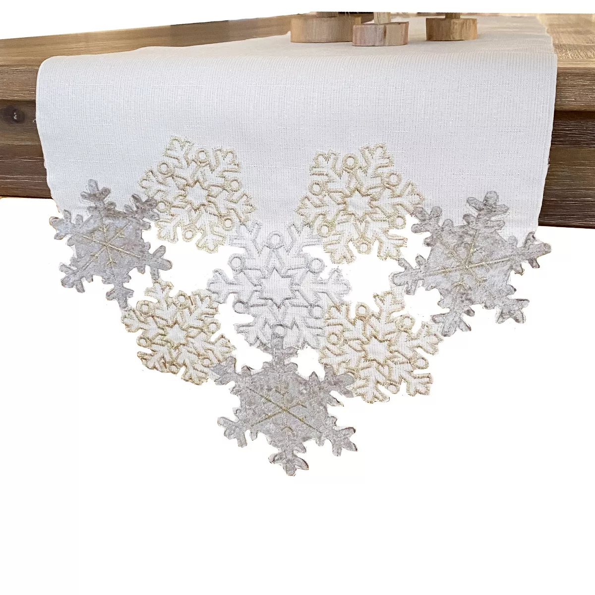 Ornate Snowflake Elegant Cutwork Winter Holiday Fabric Metallic Table Runner - 13"x70" - Elrene Home Fashions