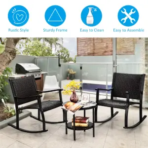 Costway 3PCS Patio Rattan Rocking Chair Bistro Set Coffee Table Storage Shelf