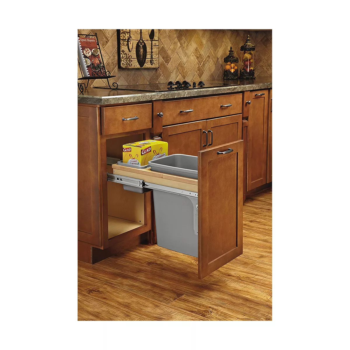 Rev-A-Shelf 4WCTM-12BBSCDM1 Single 35-Quart Mounted Pull Out Waste Container and Soft Close Slides for 12 Inch Wide 1.5 Inch Faceframe Cabinet, Silver