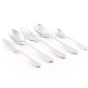 Knork 5 Piece Stainless Steel Dishwasher Safe Flatware Serving Set with Serving Spoon, Slotted Spoon, Sugar Spoon, Butter Knife, & Meat Fork, Silver