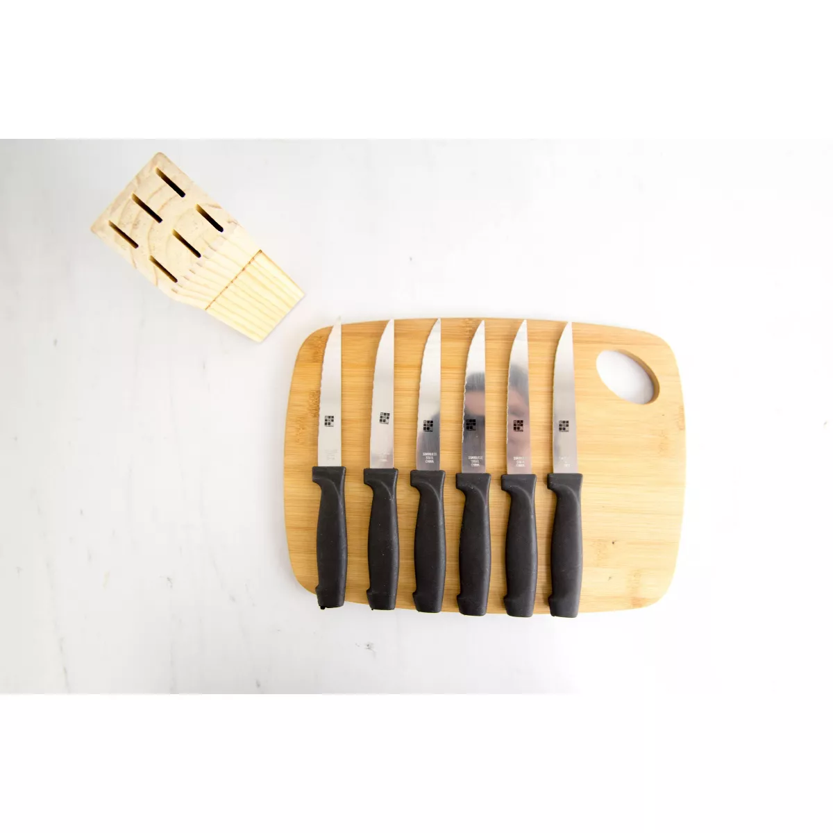 Home Basics 6 Piece Stainless Steel Steak Knife Set with All Natural Wood Display Block