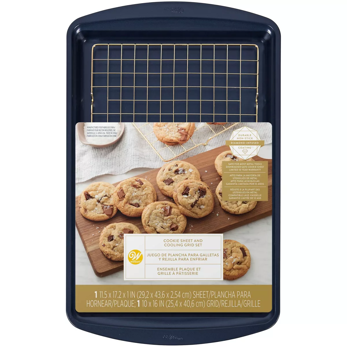 Wilton 2pc Diamond-Infused Non-Stick Large Cookie Sheet with Cooling Rack Navy Blue/Gold