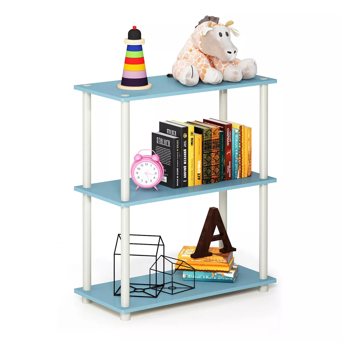 Furinno Turn-N-Tube 3 Tier Storage Display Multipurpose Rack Shelf Closet Organizer for Home Living Rooms and Bedrooms, Light Blue/White