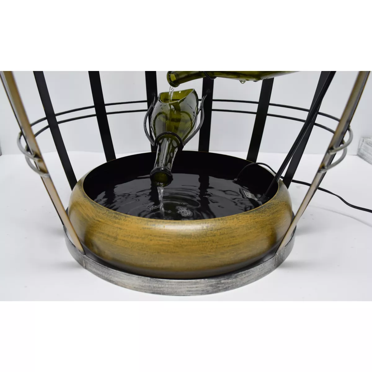 Vintiquewise Vintage Metal Barrel Design Cascading Waterfall Floor Water Fountain with Tiering Wine Bottles Yard Art Decor