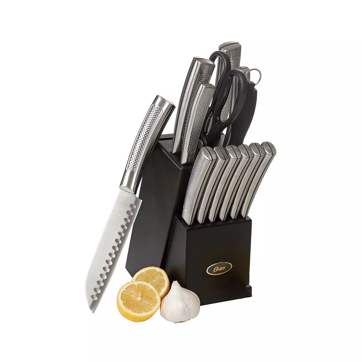Oster Wellisford Stainless Steel Kitchen Cutlery Set with Black Wood Block Holder and Knife Sharpener for Home Chef Cooking Cutting, 14 Piece (Silver)