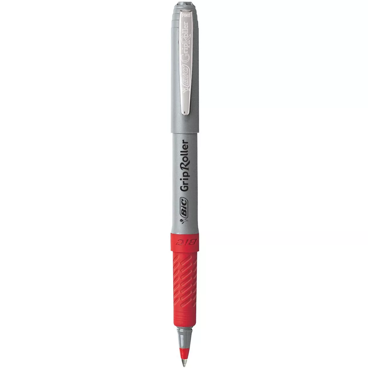 BIC Roller Glide Grip Ballpoint Pen with Metal Clip, 0.7 mm Fine Tip, Red Ink, Gray Barrel, pk of 12