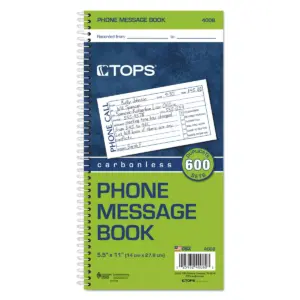 TOPS Spiralbound Message Book 2 3/4 x 5 Carbonless Duplicate 600-Set Book 4008
