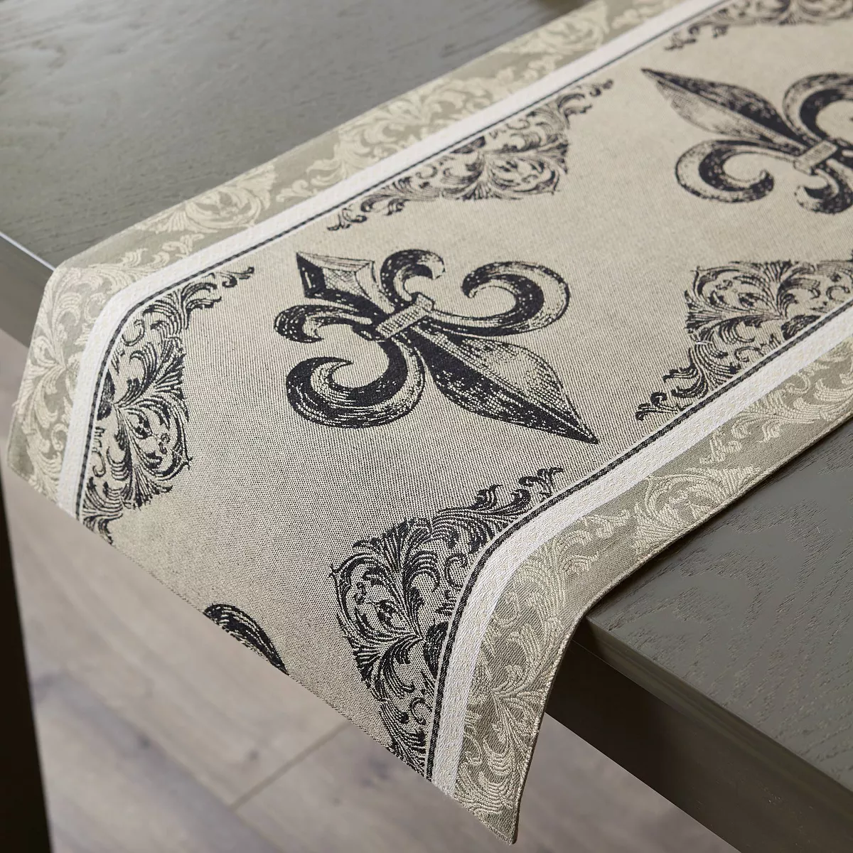 Black Fleur De Lis Stripe Jacquard Table Runner - Design Imports
