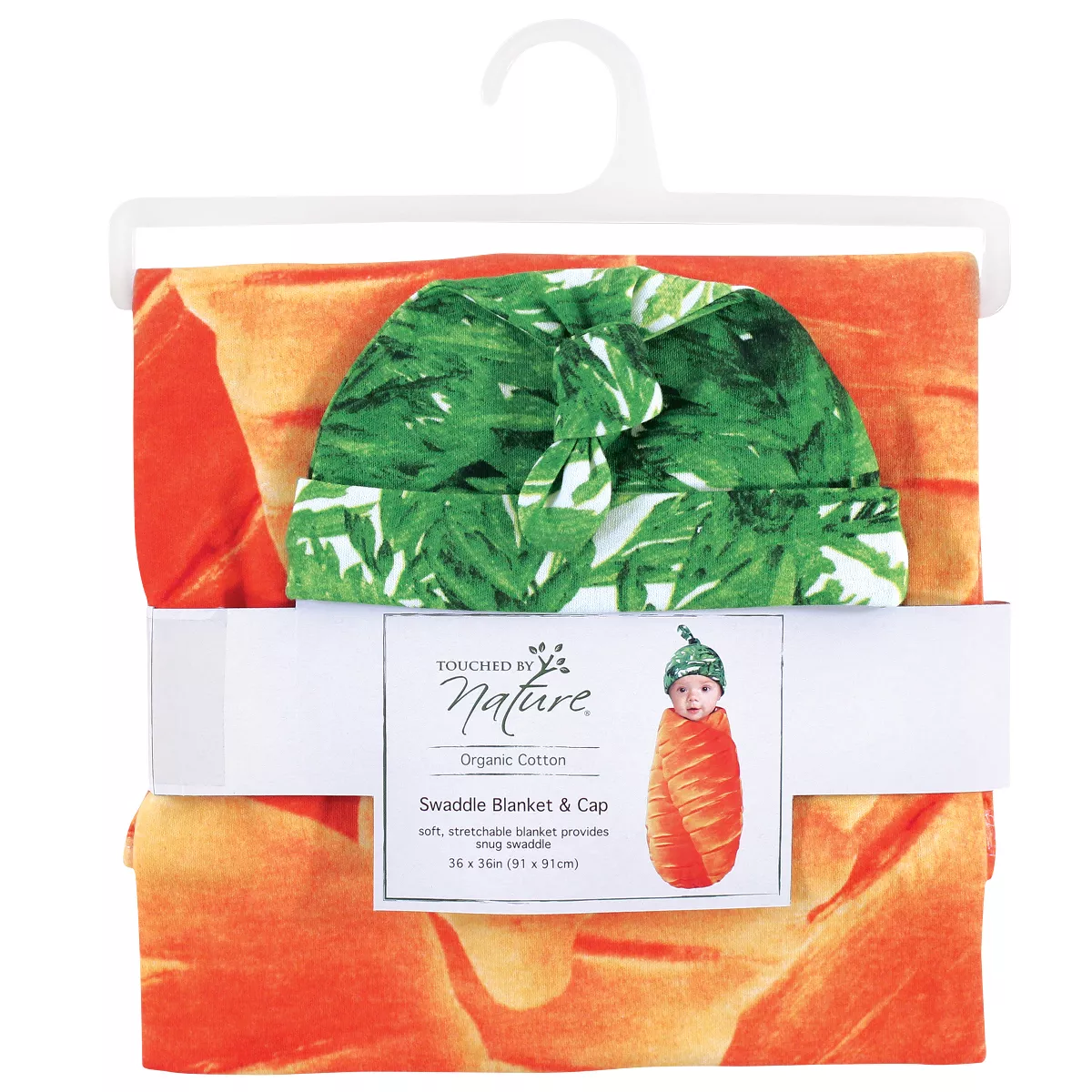 Touched by Nature Baby Organic Cotton Swaddle Blanket and Headband or Cap, Carrot, One Size