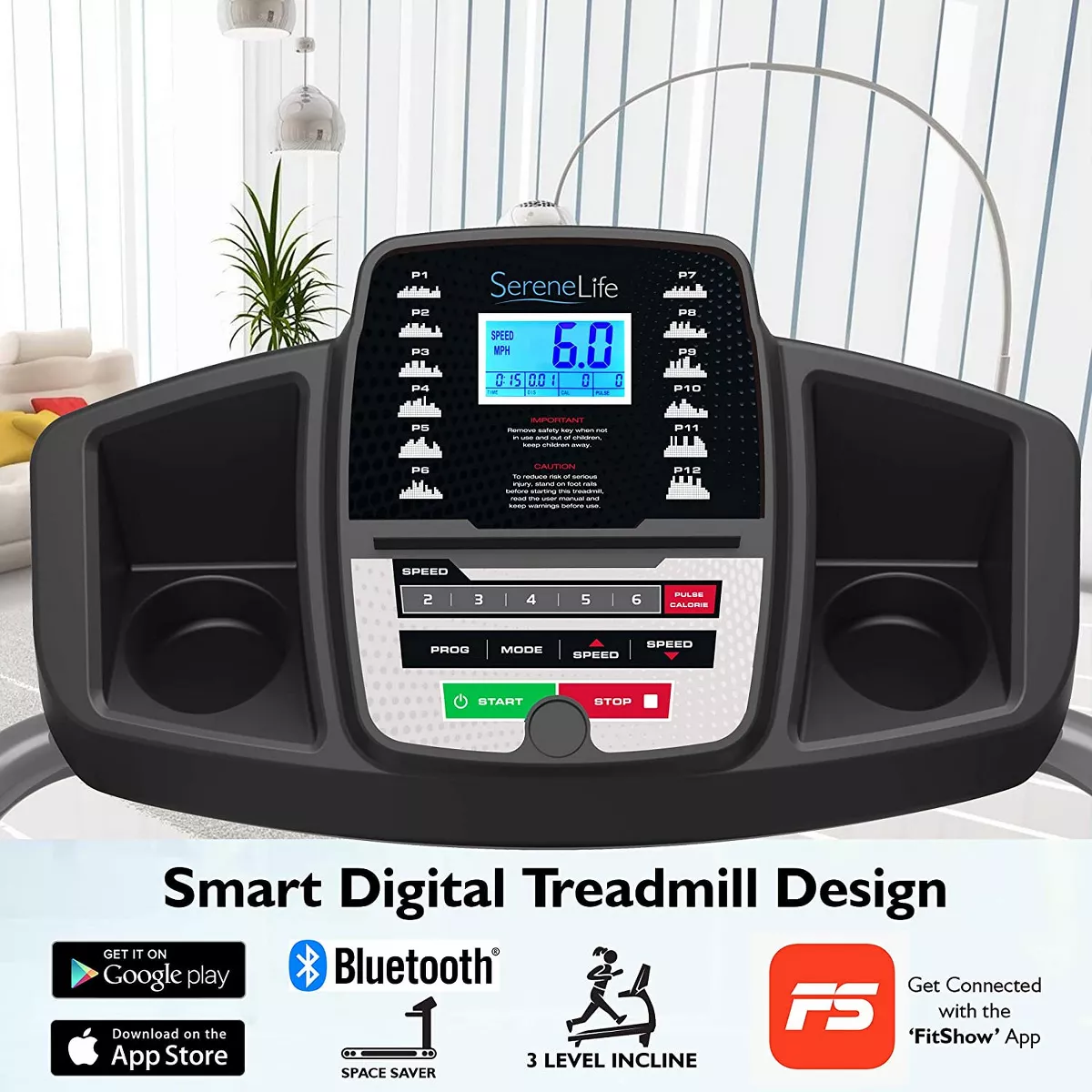 SereneLife SLFTRD20 Bluetooth Smart Digital Folding Treadmill Cardio Machine Home Gym Fitness Equipment with MP3 Player, Incline and Built In Speakers