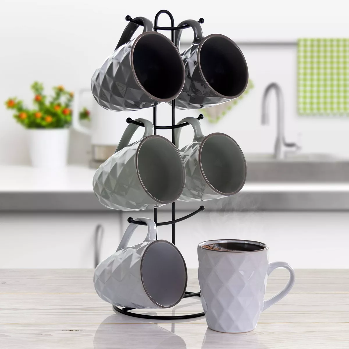 12oz 6pc Porcelain Diamond Waves Assorted Mug Set with Stand - Elama