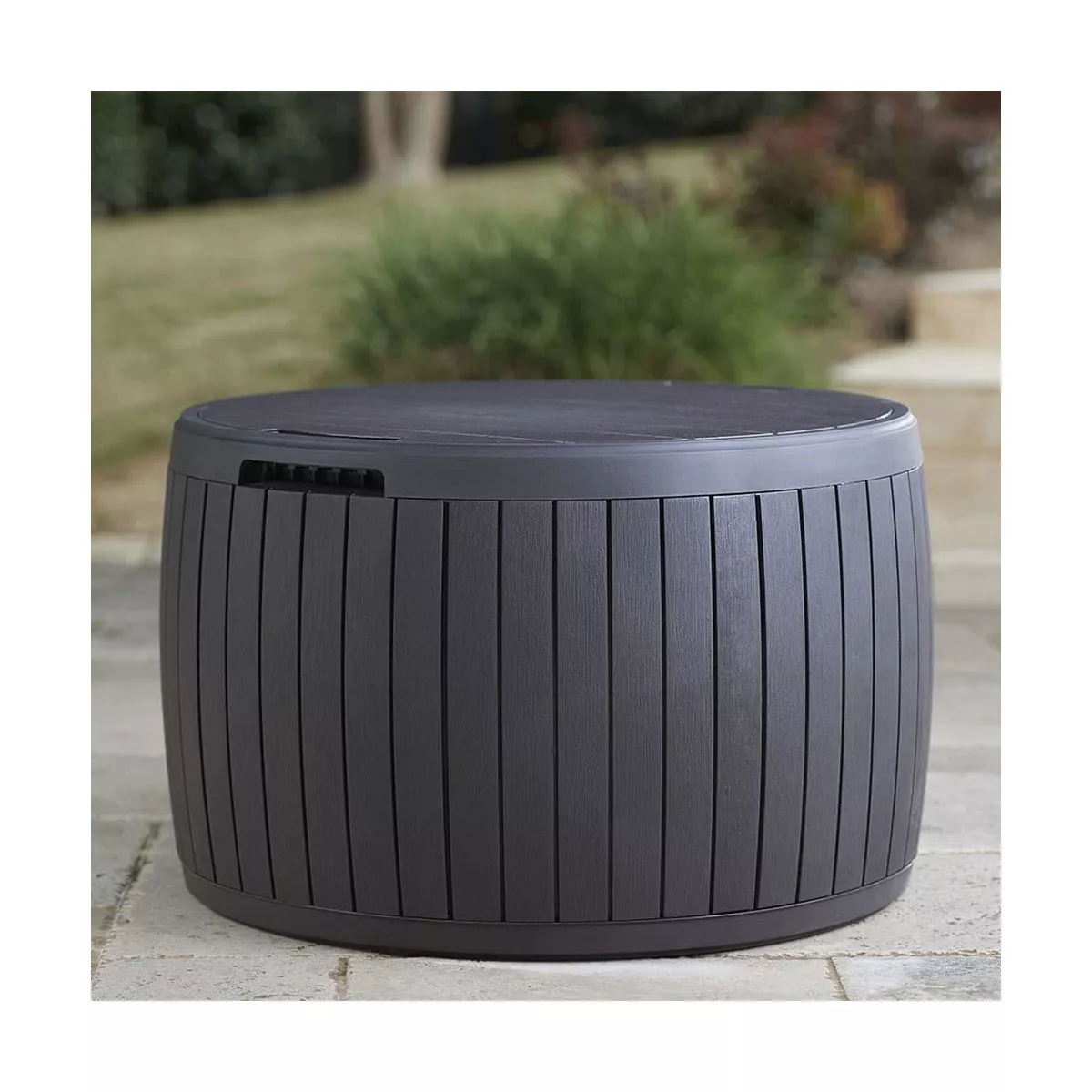 Keter Circa 3 in 1 Patio Deck Storage Box Container with Resin Wood Texture for Outdoor Table or Chair Pool Furniture Decor, 37 Gallon (Brown)