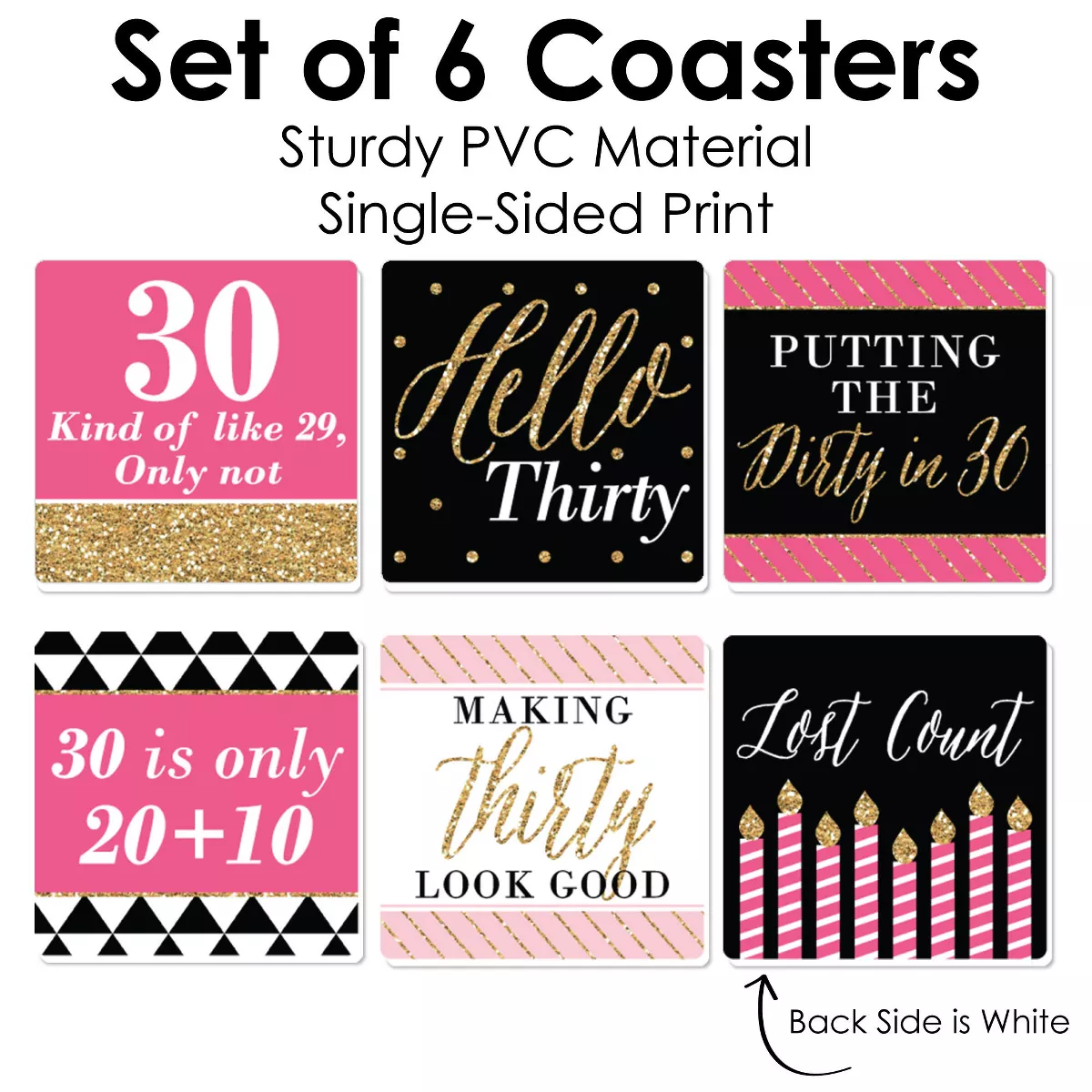 Big Dot of Happiness Chic 30th Birthday - Pink, Black and Gold - Funny Birthday Party Decorations - Drink Coasters - Set of 6