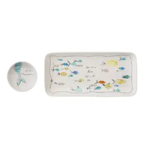 Stoneware Plate & Small Round Dish with Fish Print White/Blue/Yellow 2pc - 3R Studios