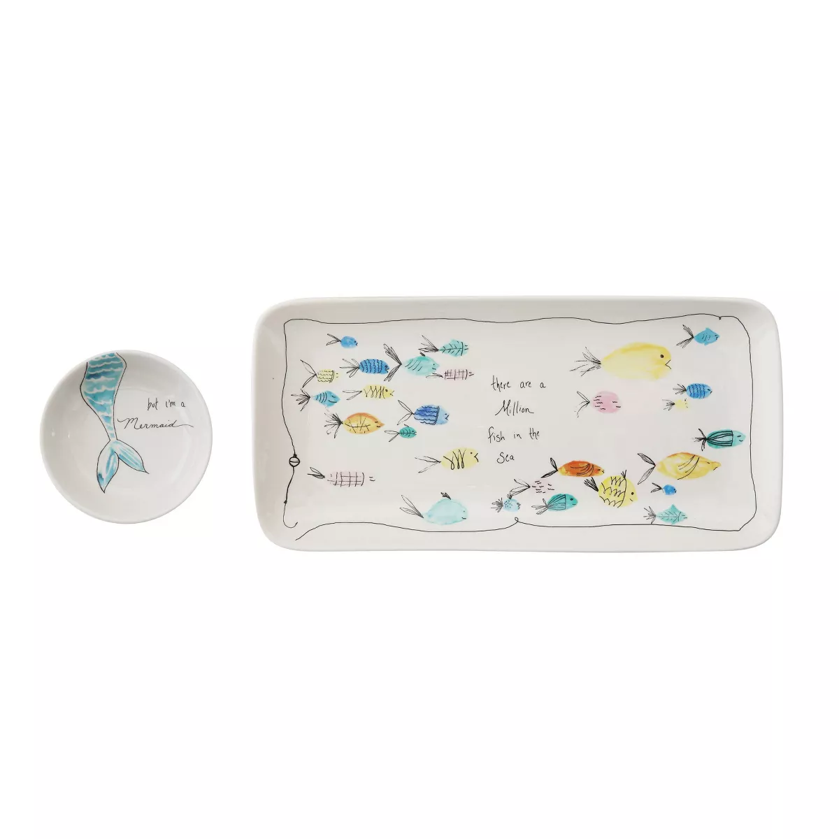 Stoneware Plate & Small Round Dish with Fish Print White/Blue/Yellow 2pc - 3R Studios