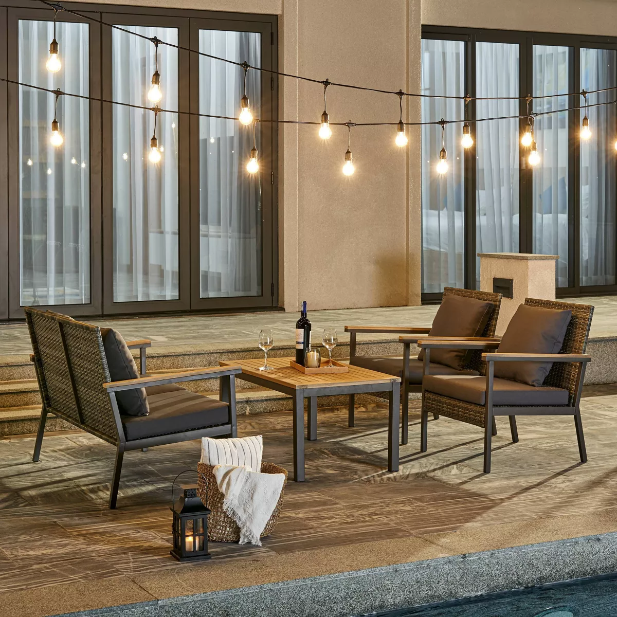 Evelyn 4pc Outdoor Resin Wicker Mixed Acacia Wood Lounge Sofa Set with Cushion - Gray - Vifah