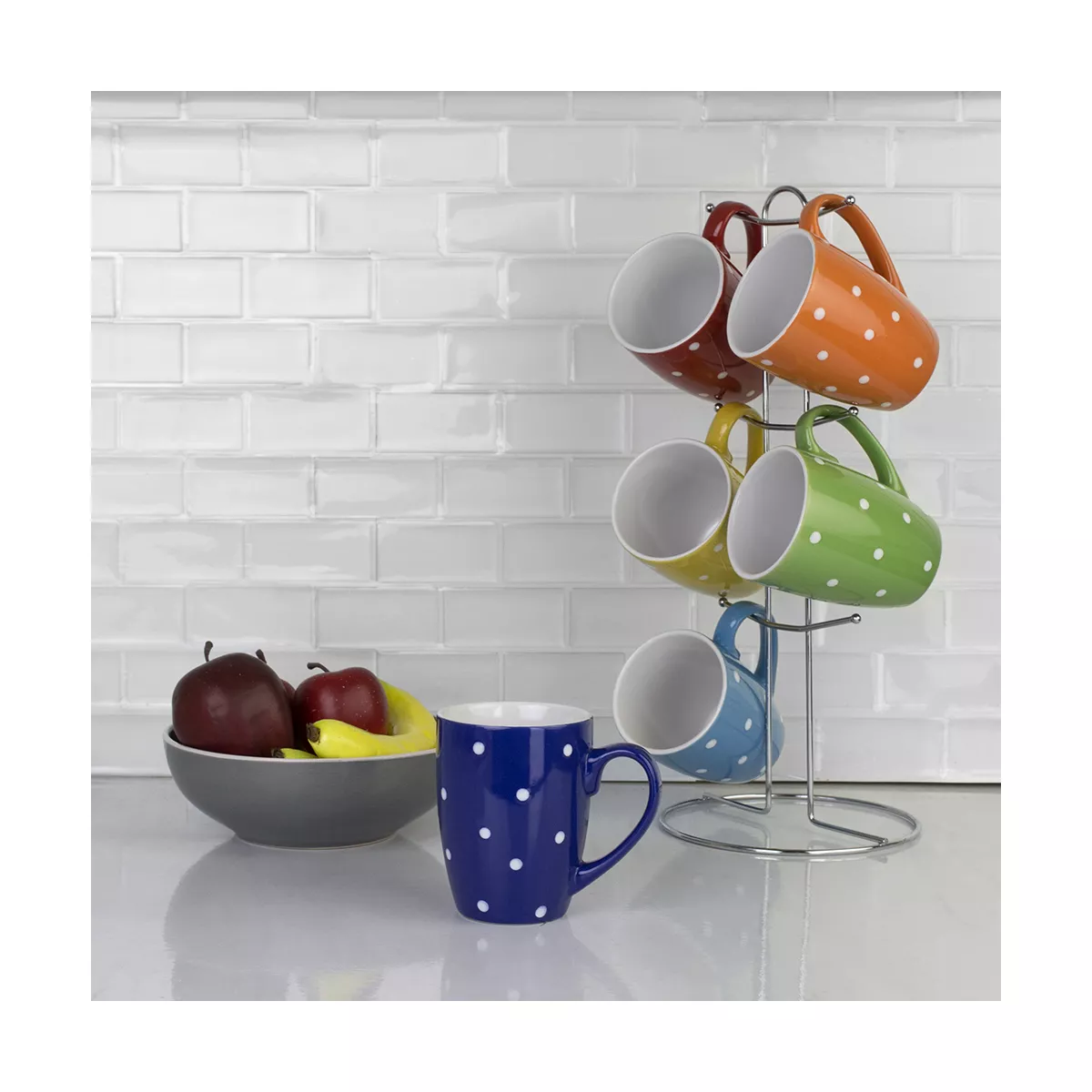Home Basics 6 Piece Polka Dot Mug Set with Stand